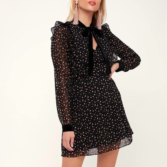 LUSH| Feminine Sheer Black Floral Red Rose Long Sleeve Ruffled Dress Sz S - Picture 1 of 7